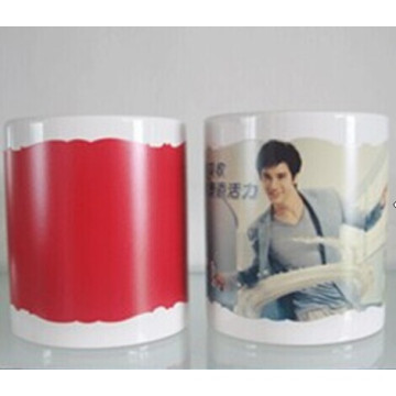 11oz white mug with patch color changing irregular edge red